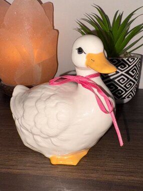 White Ceramic Duck Statue Pink Bow Farmhouse Shelf Decor